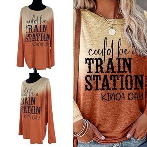 Women’s Plus Crew Neck Long Sleeve Train Station Kinda Day Graphic Tee Top 4X